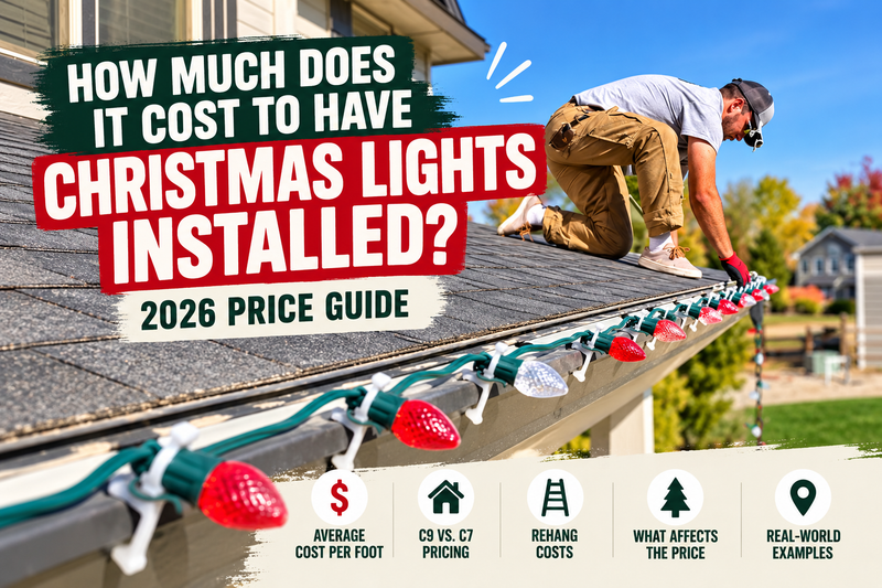 Professional installer installing C9 Christmas lights on a residential roofline